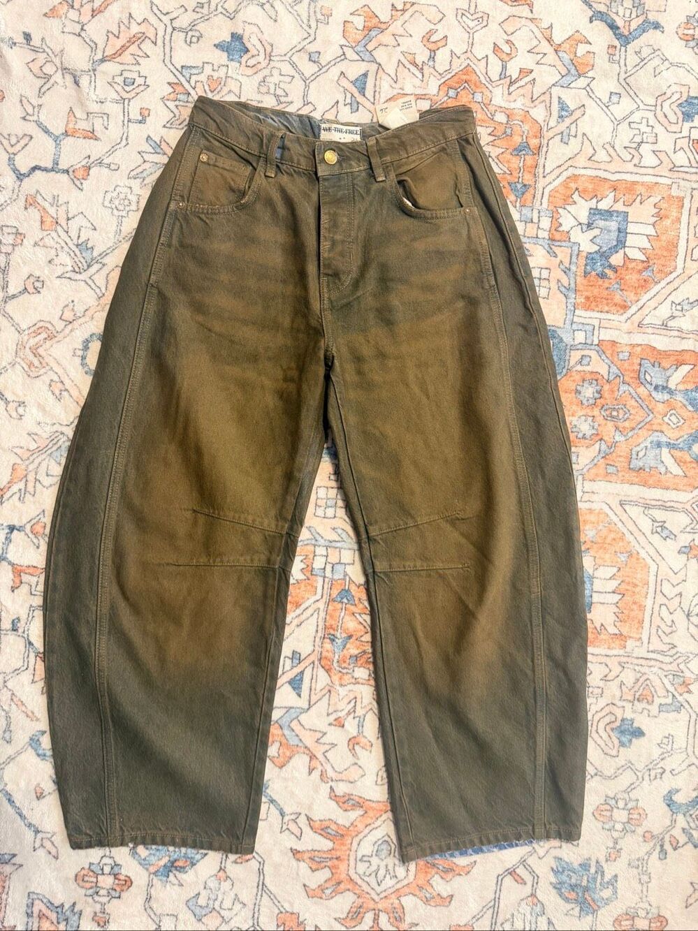 We The Free Good Luck Mid Rise Barrel Jeans Olive Green Pants Women's Size 26